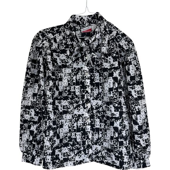 Jonquil by Judy Bond Blouse 22W 42 Plus Size Black White Abstract Bow Tie - Picture 1 of 15